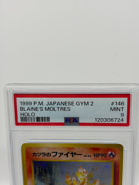 PSA 9 Pokemon Card Blaine’s Moltres Lv.44 Holo Gym 2 Japanese Old Back #146 MT